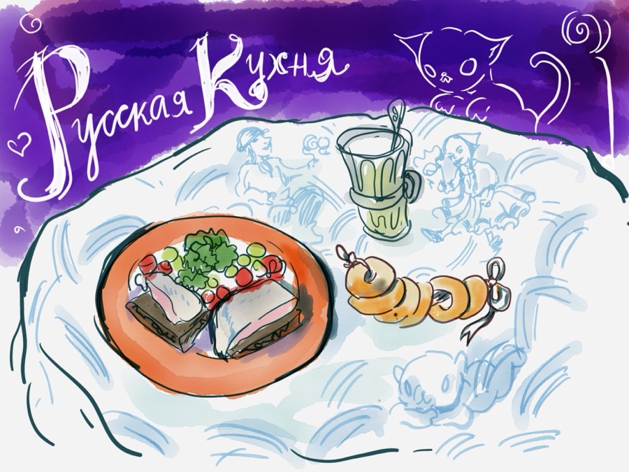 A painted table with a blue-and-white cloth, bread, fish sandwiches and a glass of tea.
