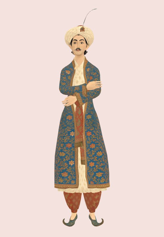 A Mughal painter in a blue floral coat and white turban, arms folded.