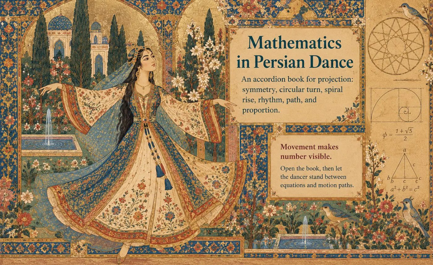 An illuminated Persian miniature: a dancer in a blue and gold robe in a garden, beside the title Mathematics in Persian Dance.